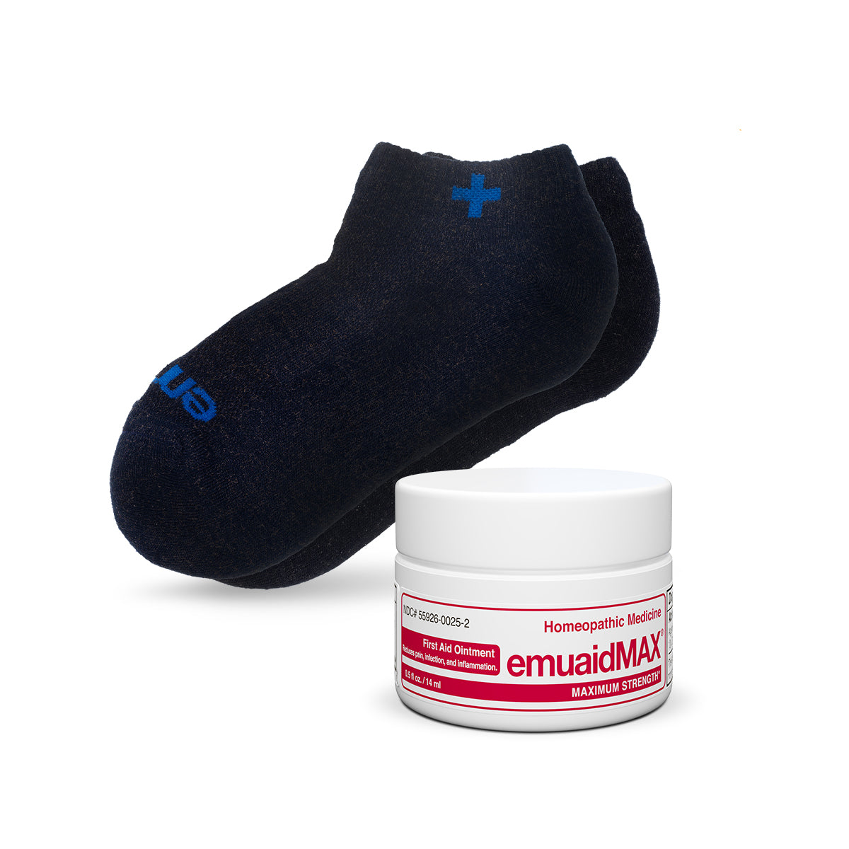 chaussettes noires avec contenant de pommade emuaidmax
