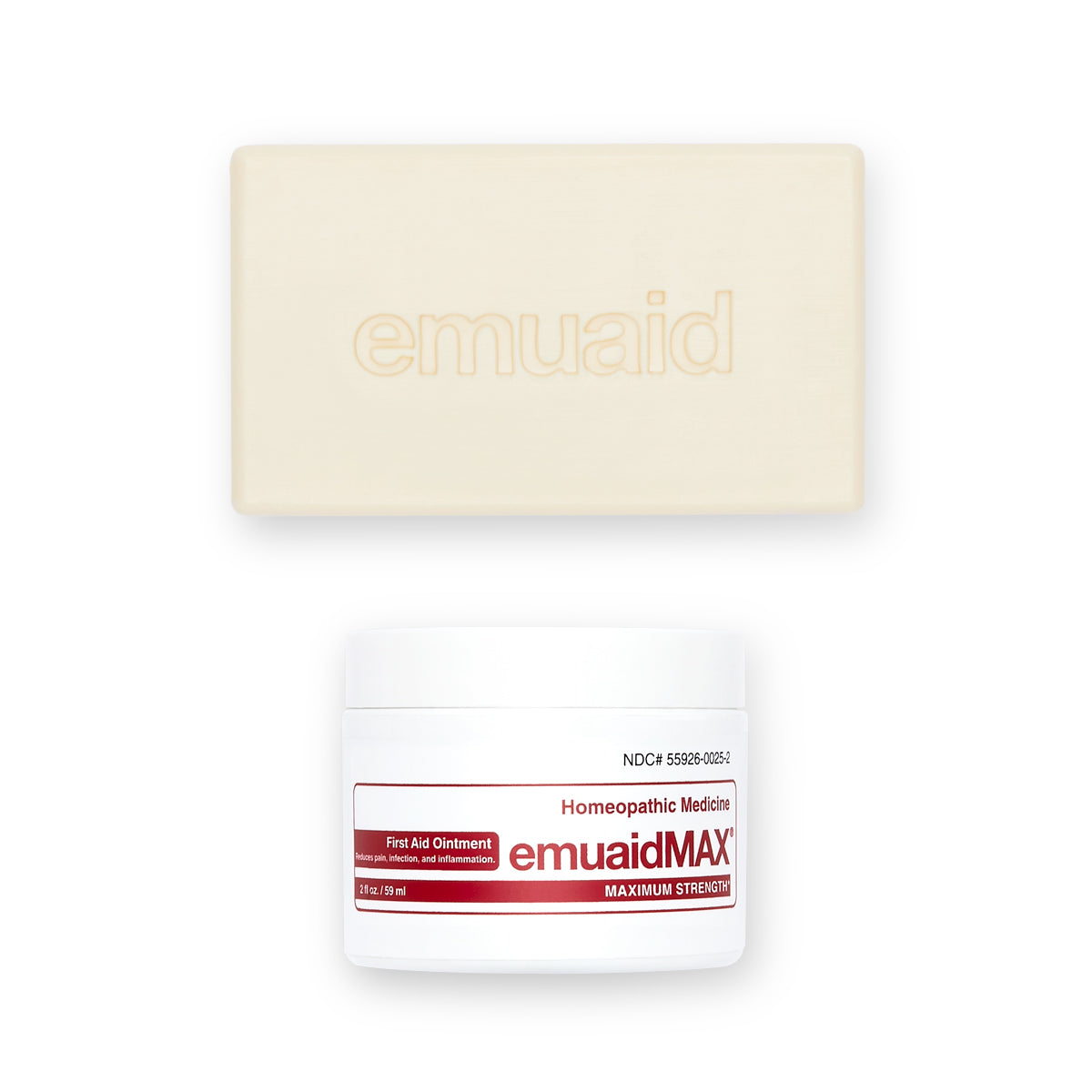 Pot de savon et de pommade Emuaid sur fond blanc.