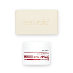 Voici une photo de EMUAIDMAX® First Aid Ointment 2oz et de EMUAID® Therapeutic Moisture Bar.  
