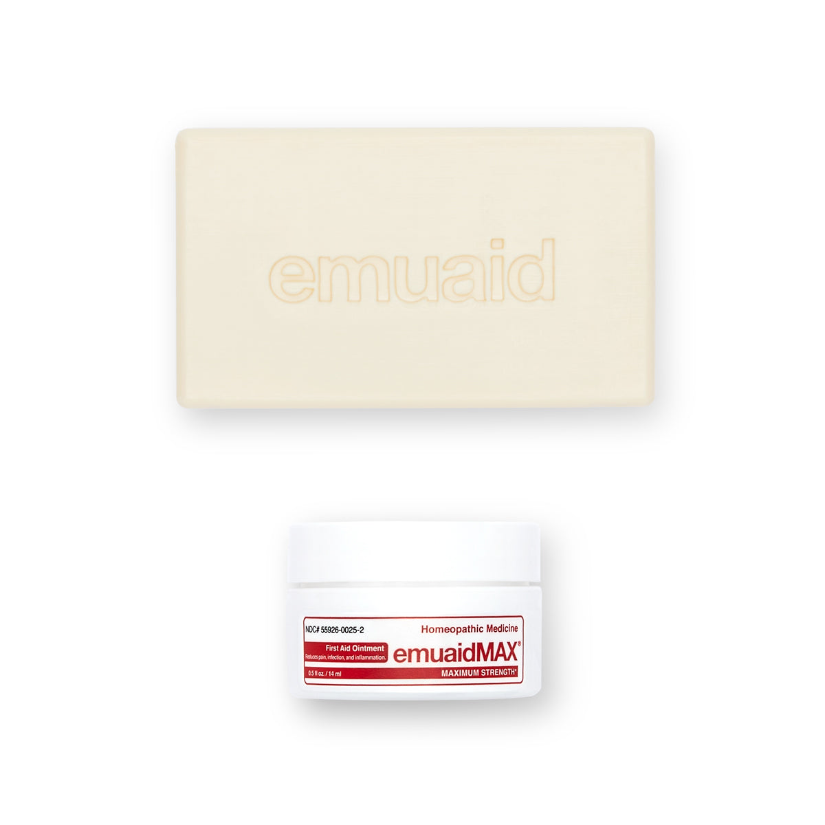 Voici une photo de EMUAIDMAX® First Aid Ointment 2oz et de EMUAID® Therapeutic Moisture Bar.