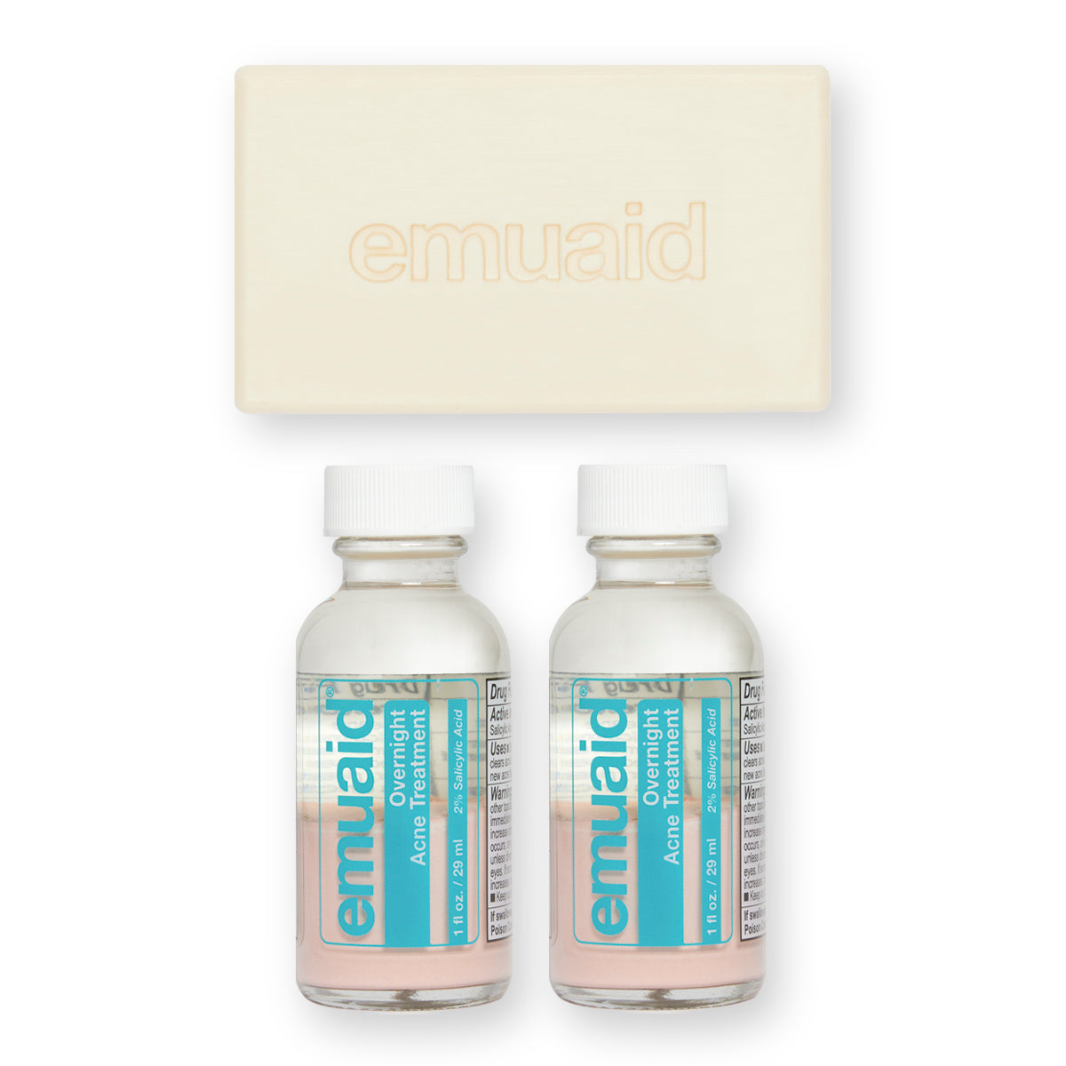 Voici une photo de deux bouteilles de EMUAID® Overnight Acne Treatment et de EMUAID® Therapeutic Moisture Bar.